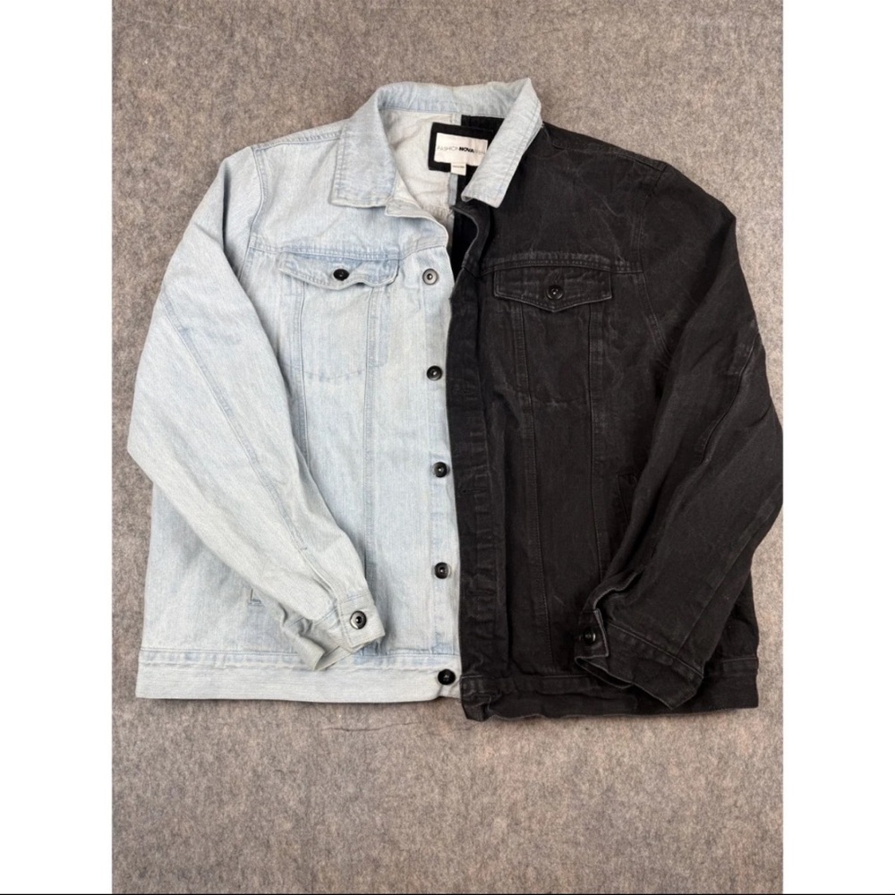 Fashion Nova Two Tone Denim Jacket Men Size 3XL Black Blue Collared Button Front